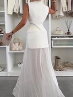 Elegant Women's Knitted Vest with Tulle Patchwork Pleated Skirt - Long Skirt Suit Set