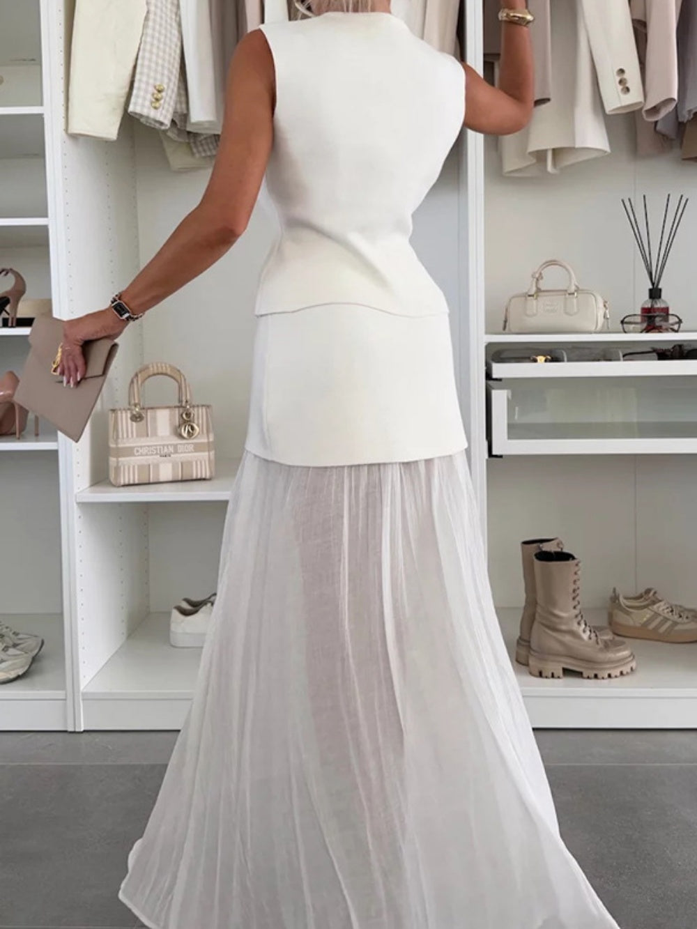 Elegant Women's Knitted Vest with Tulle Patchwork Pleated Skirt - Long Skirt Suit Set