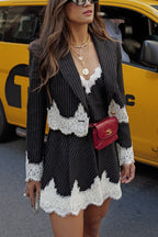 Elegant Black Lace-Paneled Stripe Suit and V-Neck A-Line Dress Set for Daily Occasions - Polyester
