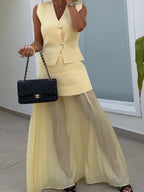 Elegant Women's Knitted Vest with Tulle Patchwork Pleated Skirt - Long Skirt Suit Set