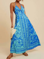 V-Neck Sleeveless Floral Print Sling Holiday Dress with High Waist Umbrella Skirt