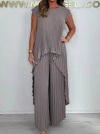 Women's Crew Neck Top and Pleated Straight Pants Two-Piece Suit - Elegant & Comfortable Polyester Blend