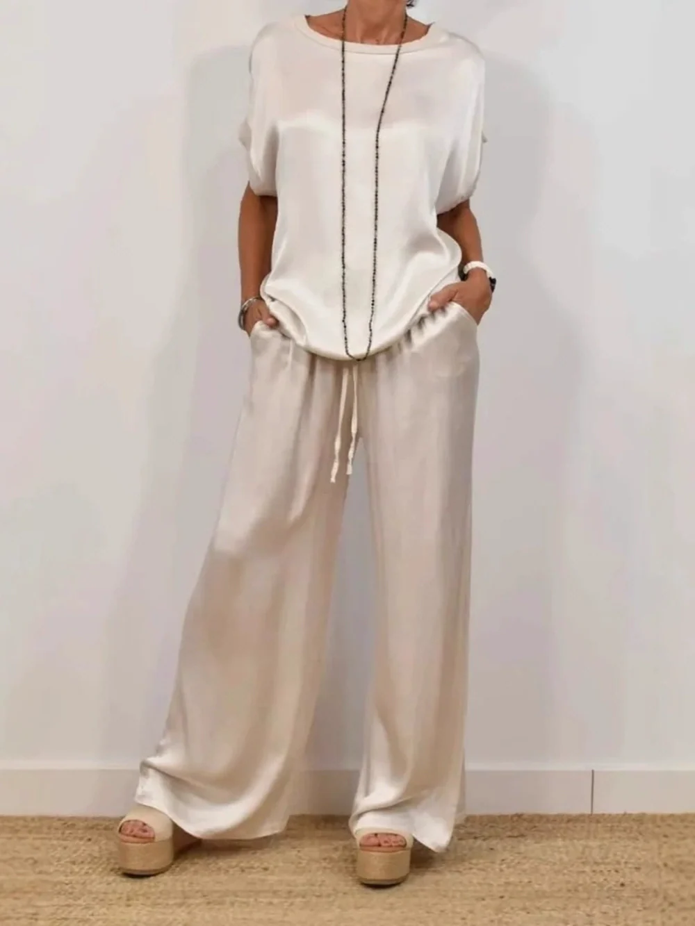 Women's Casual Loose Shirt and Wide-Leg Pants Set - Comfortable Polyester Blend