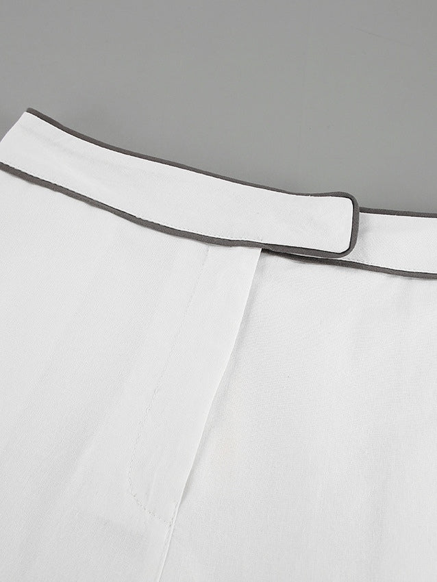 Chic Black and White Contrast Cotton & Linen Blend Two-Piece Set - Casual Collared Shirt & High-Rise Shorts