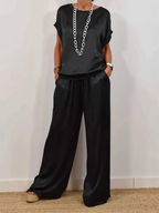 Women's Casual Loose Shirt and Wide-Leg Pants Set - Comfortable Polyester Blend