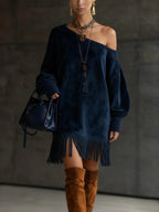 Luxurious Off-Shoulder Navy Faux Suede Dress with Fringe Hem - Chic Evening & Event Wear