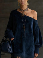 Luxurious Off-Shoulder Navy Faux Suede Dress with Fringe Hem - Chic Evening & Event Wear