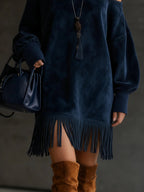 Luxurious Off-Shoulder Navy Faux Suede Dress with Fringe Hem - Chic Evening & Event Wear