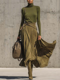 Olive Green Stretch Turtleneck Top & Faux Suede Maxi Skirt Set with Belt - Elegant & Chic