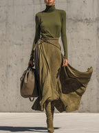 Olive Green Stretch Turtleneck Top & Faux Suede Maxi Skirt Set with Belt - Elegant & Chic