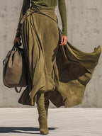 Olive Green Stretch Turtleneck Top & Faux Suede Maxi Skirt Set with Belt - Elegant & Chic