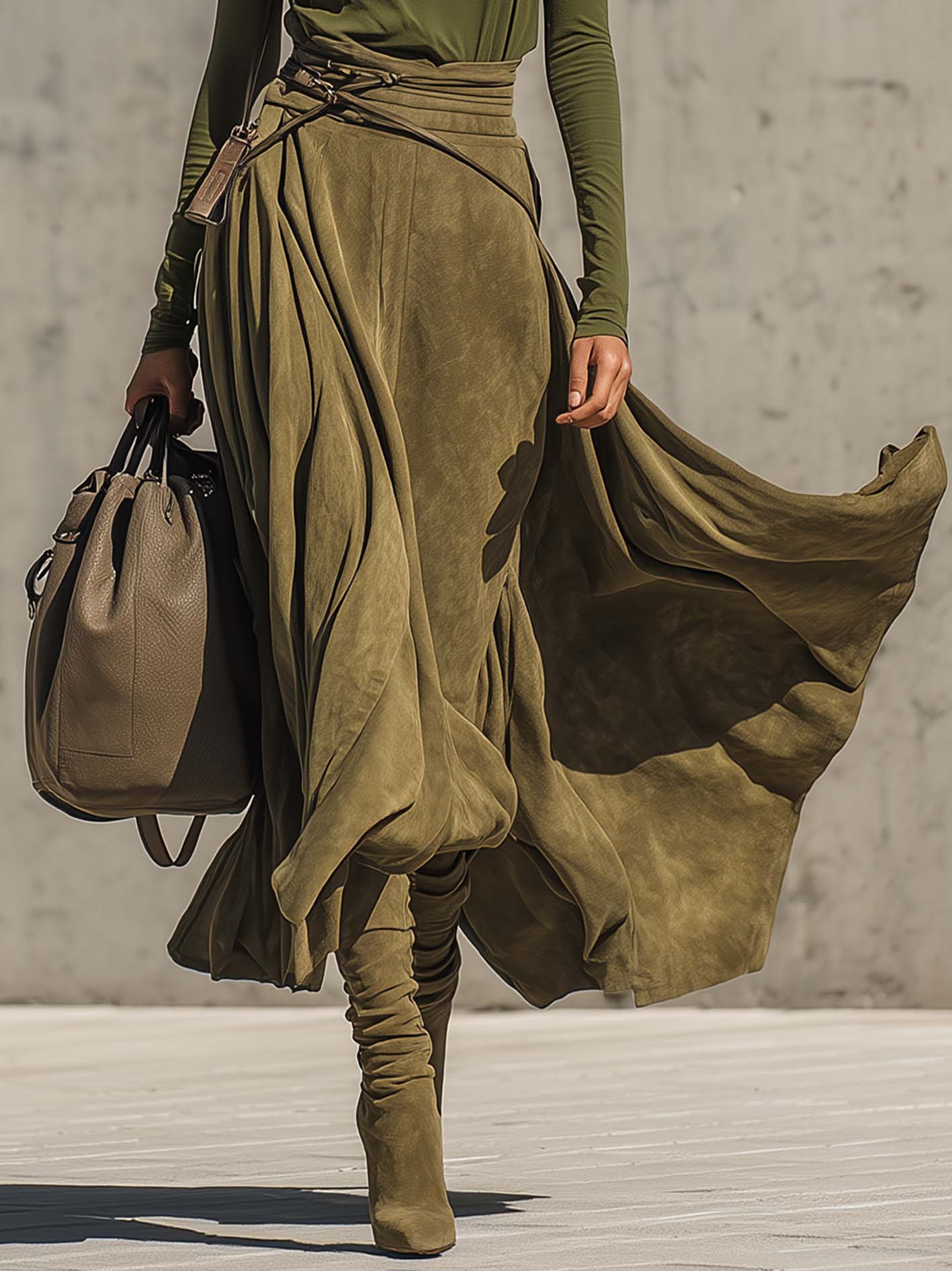 Olive Green Stretch Turtleneck Top & Faux Suede Maxi Skirt Set with Belt - Elegant & Chic