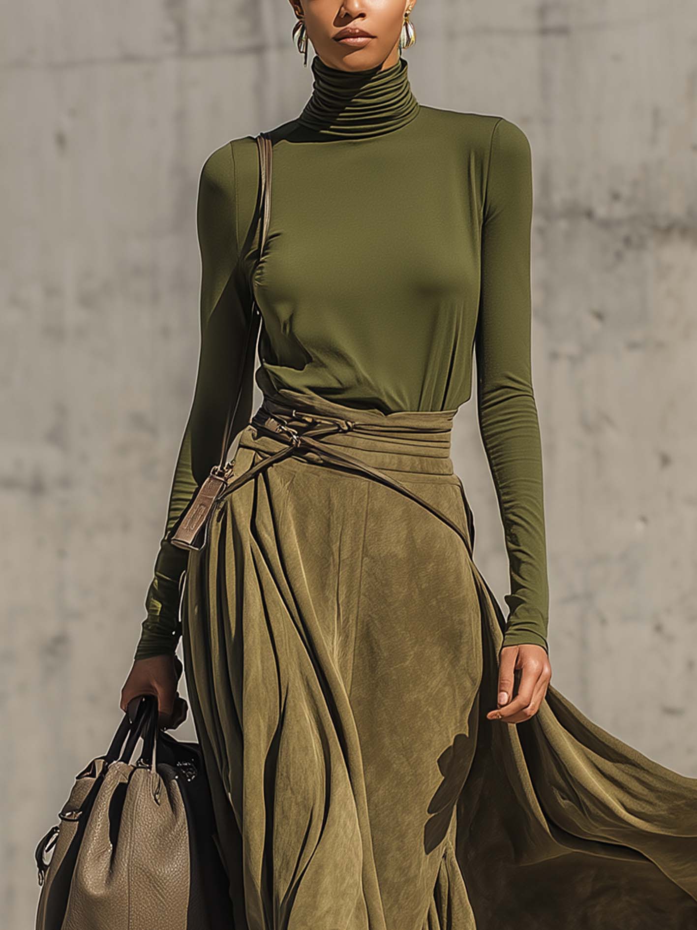 Olive Green Stretch Turtleneck Top & Faux Suede Maxi Skirt Set with Belt - Elegant & Chic