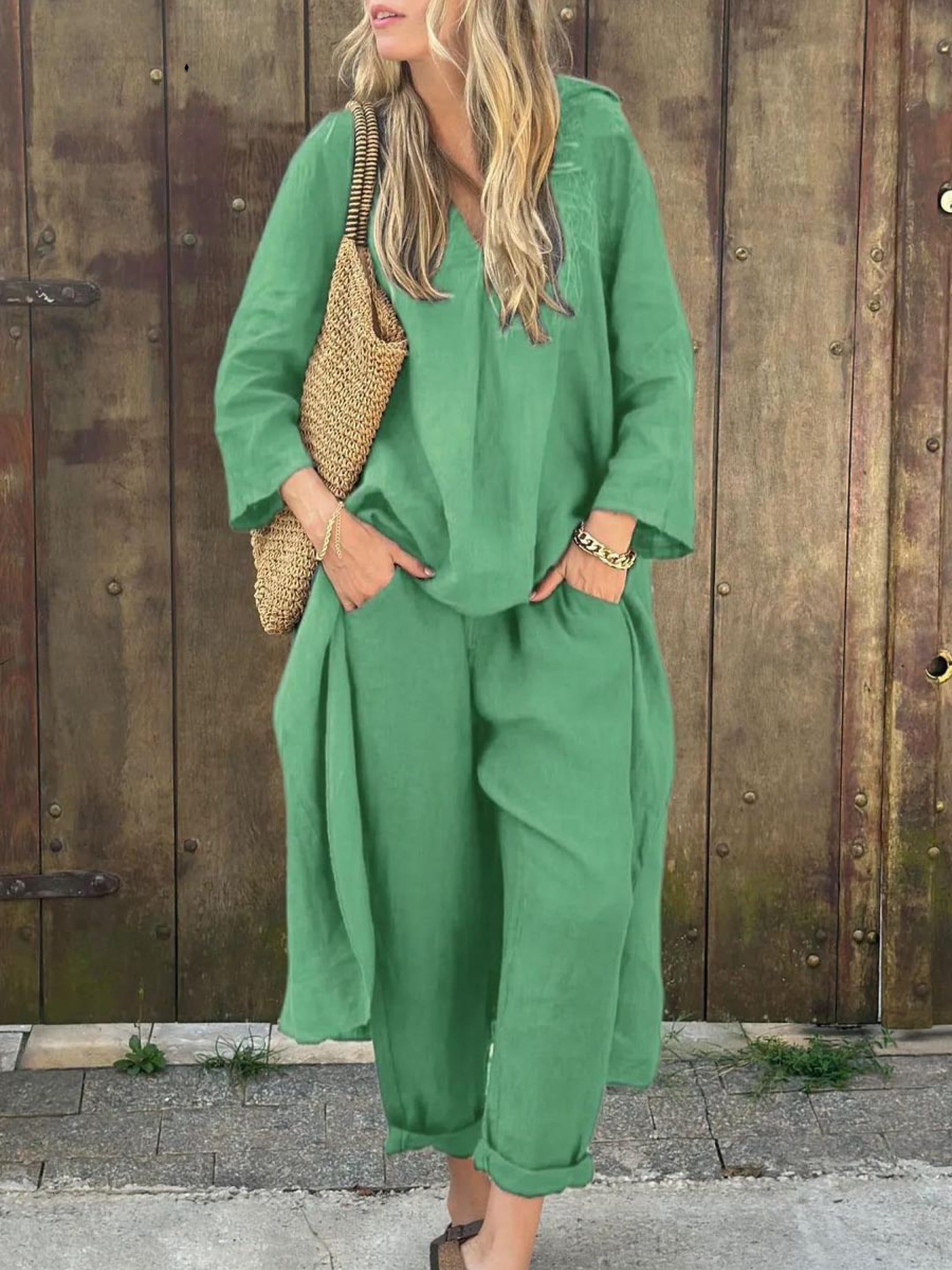 Women's Linen Blend V-Neck Long Sleeve Loose Top & High-Waisted Wide-Leg Pants Set - Perfect for Spring Casual Wear