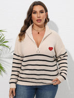 Plus Size Zip-Up Striped Sweater