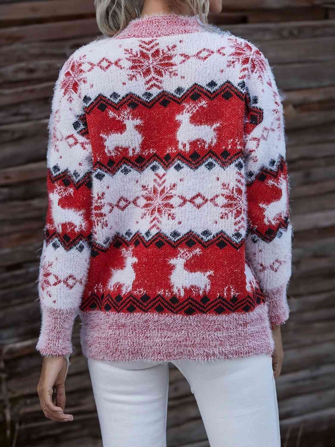 Reindeer & Snowflake Round Neck Sweater - White & Red