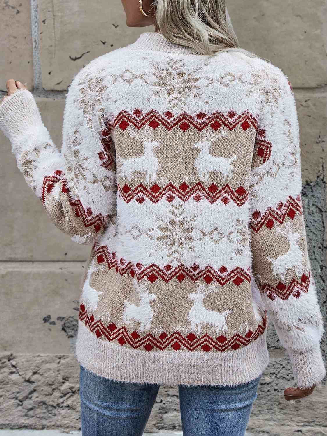 Reindeer & Snowflake Round Neck Sweater - White