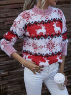 Reindeer & Snowflake Round Neck Sweater - White & Red