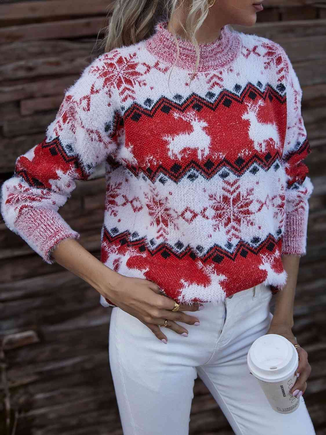 Reindeer & Snowflake Round Neck Sweater - White & Red