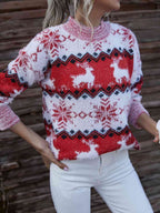 Reindeer & Snowflake Round Neck Sweater - White & Red