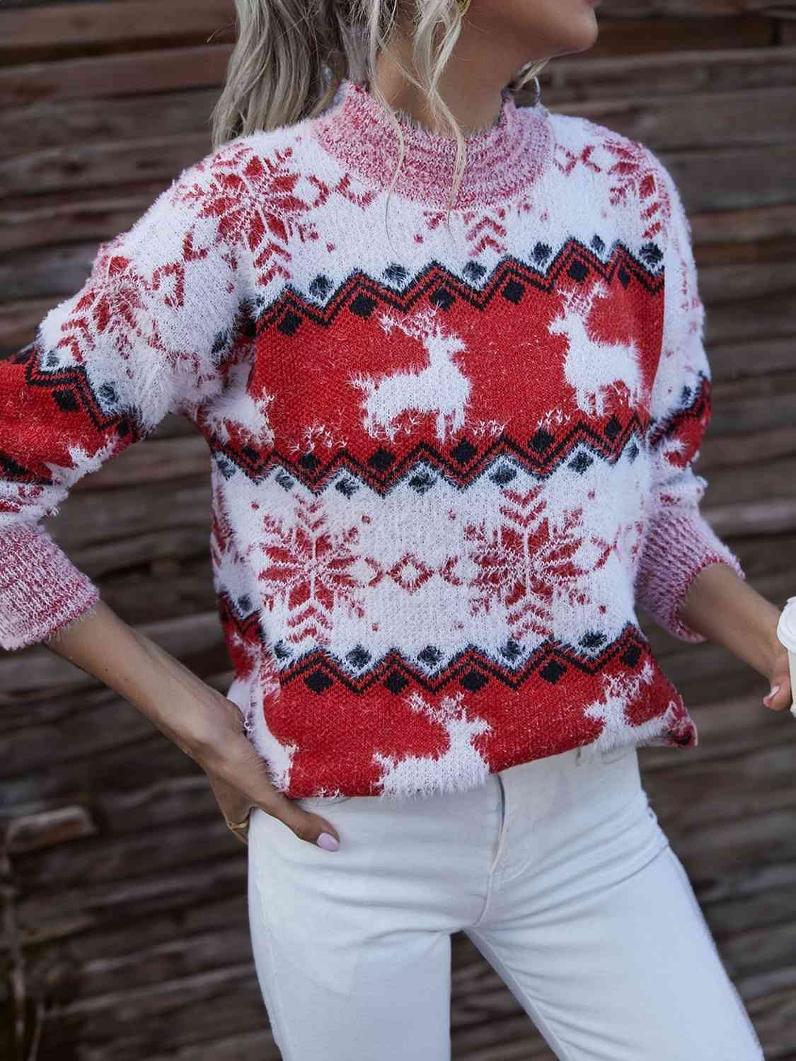 Reindeer & Snowflake Round Neck Sweater - White & Red