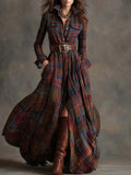 Women's Retro Lapel Reddish Brown Plaid Maxi Dress - Comfortable & Stylish