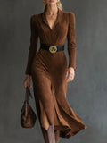 Women's Retro Western Style Lapel Faux Suede Slit Midi Dress with Belt - Elegant & Comfortable