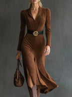 Women's Retro Western Style Lapel Faux Suede Slit Midi Dress with Belt - Elegant & Comfortable