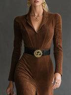 Women's Retro Western Style Lapel Faux Suede Slit Midi Dress with Belt - Elegant & Comfortable