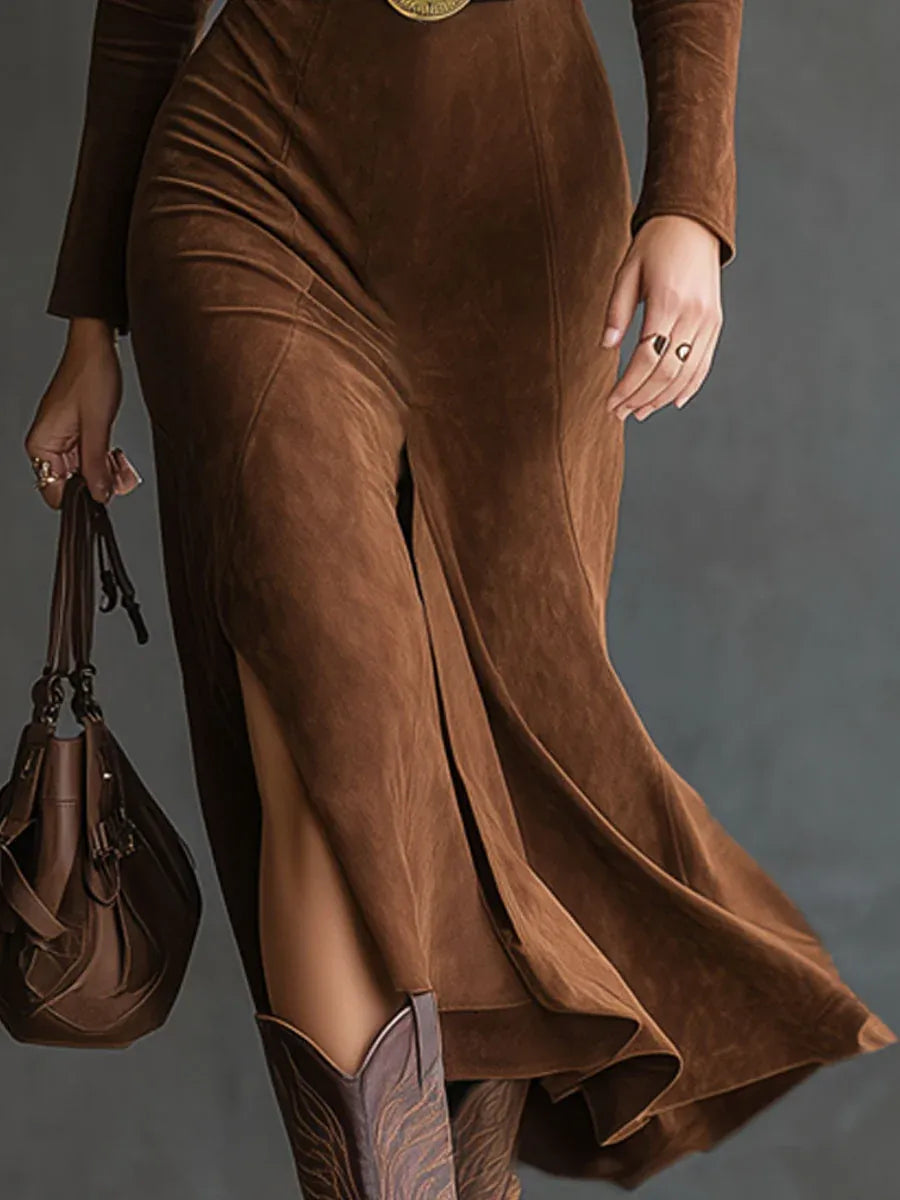 Women's Retro Western Style Lapel Faux Suede Slit Midi Dress with Belt - Elegant & Comfortable