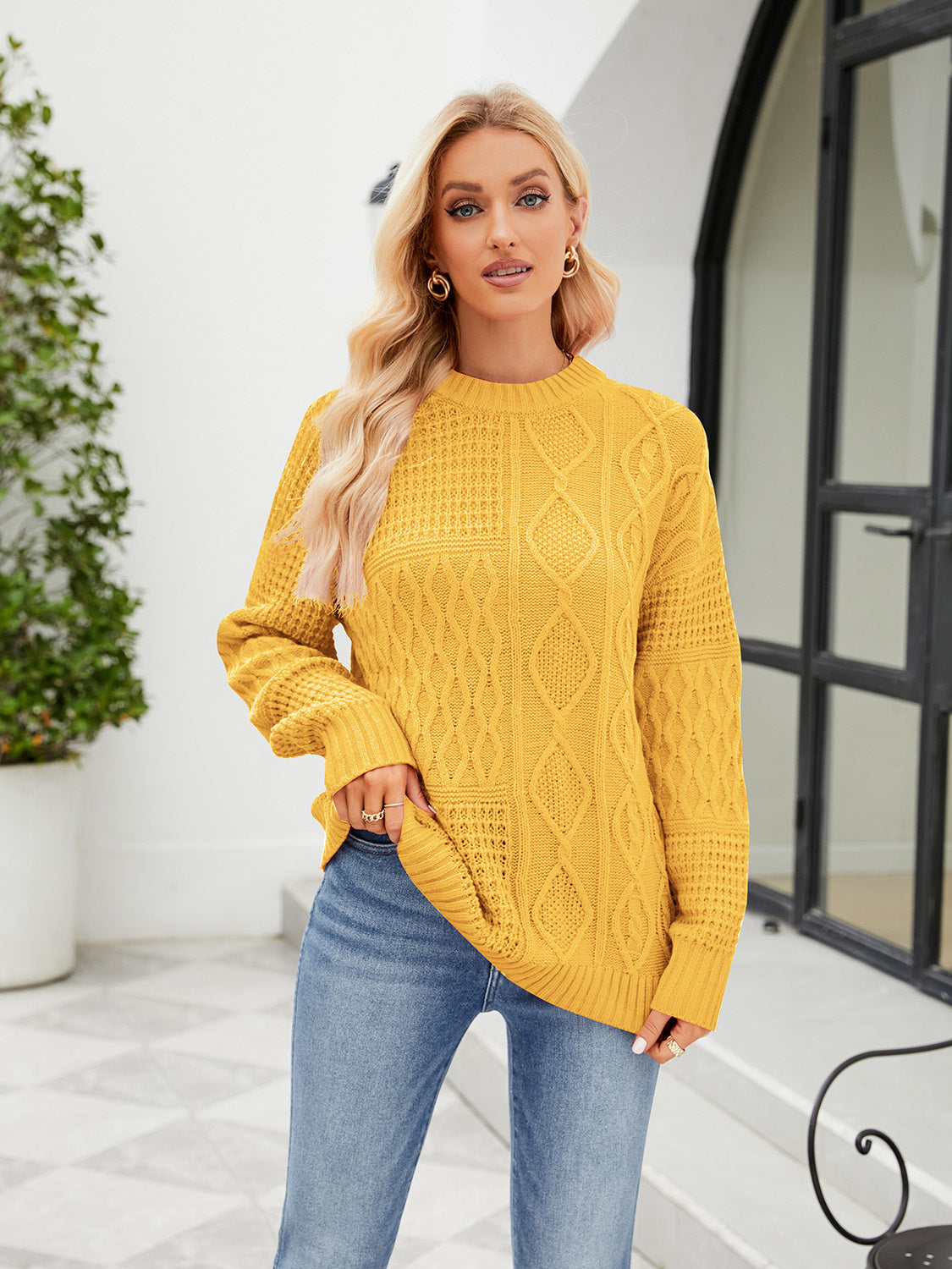 Round Neck Dropped Shoulder Ribbed Sweater