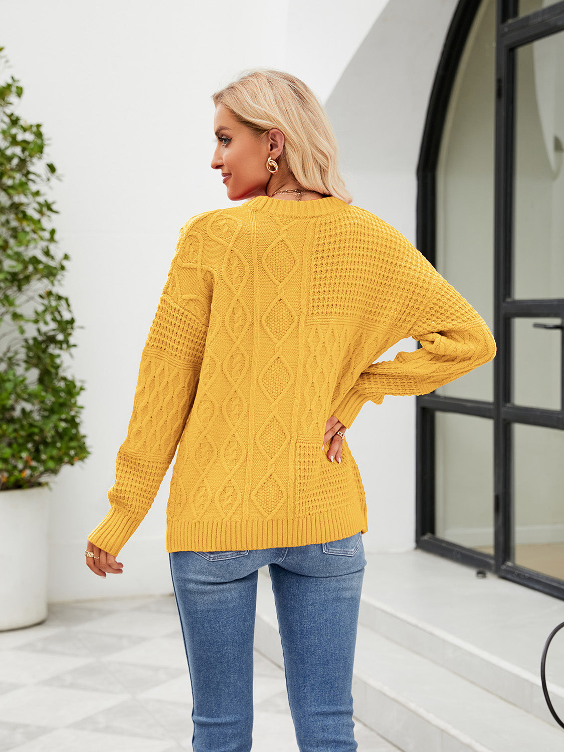 Round Neck Dropped Shoulder Ribbed Sweater