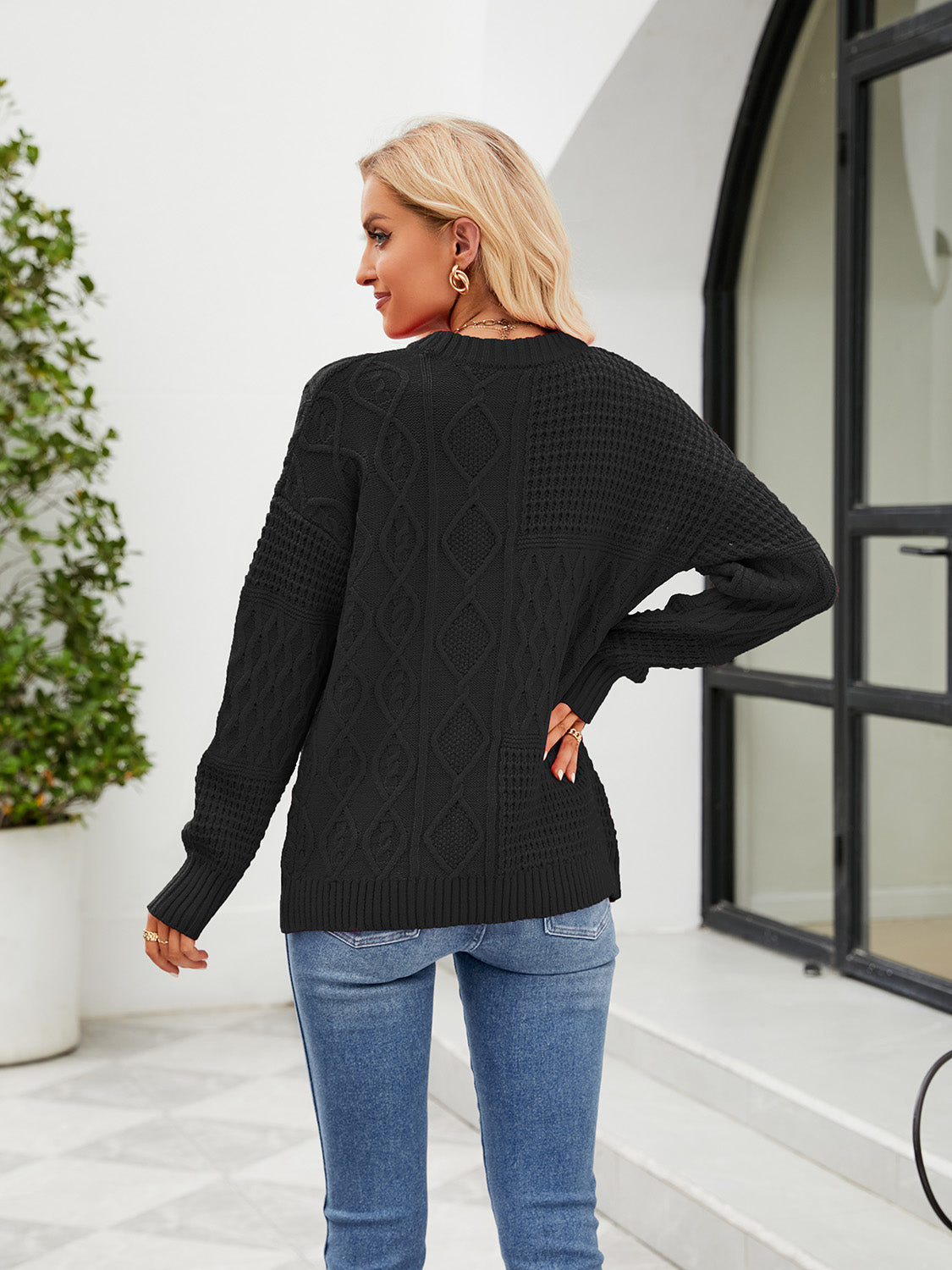 Round Neck Dropped Shoulder Ribbed Sweater