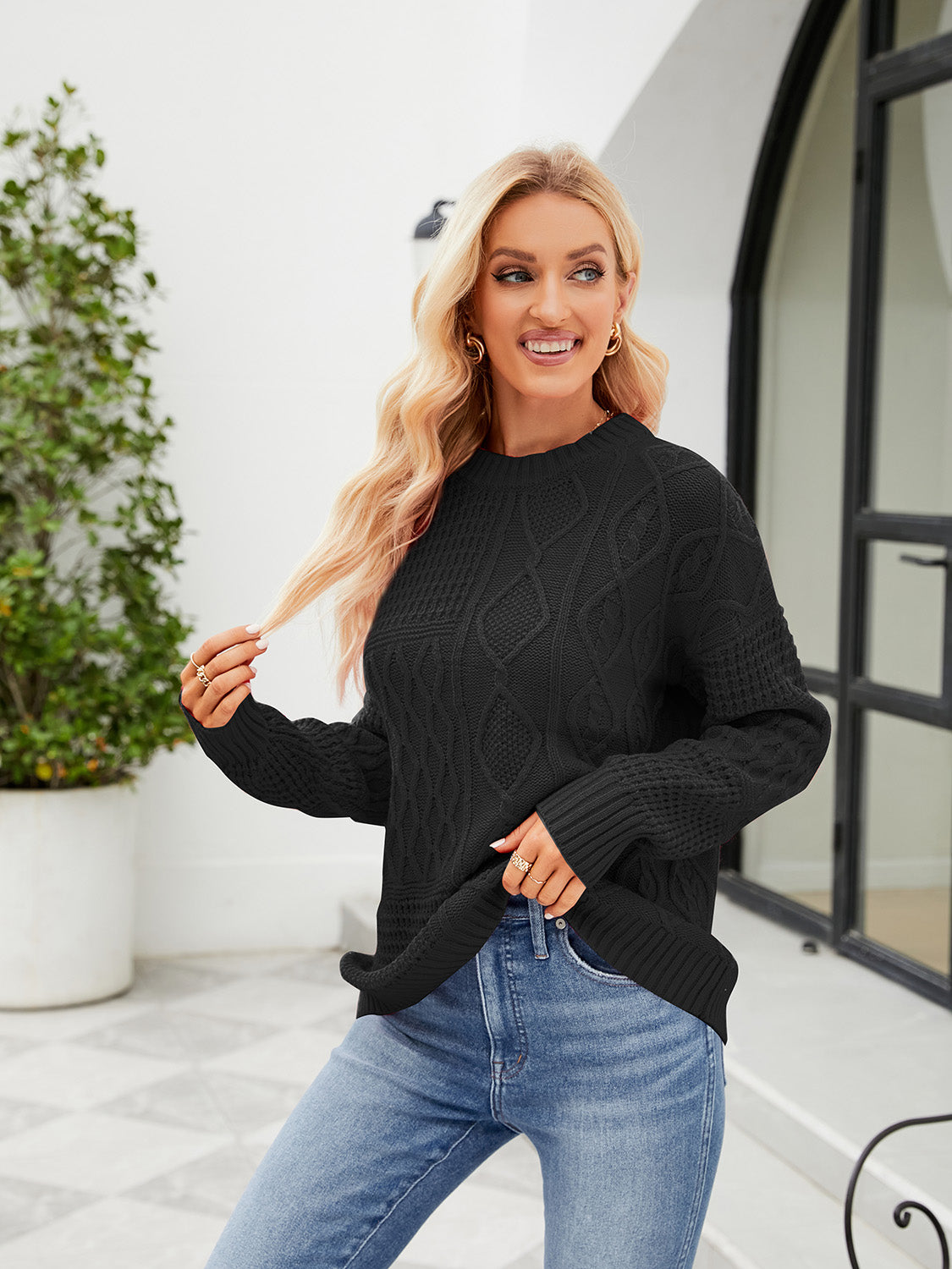 Round Neck Dropped Shoulder Ribbed Sweater