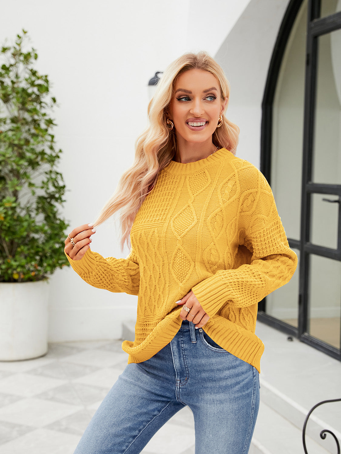 Round Neck Dropped Shoulder Ribbed Sweater