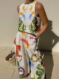 Women's Unique Print Tank Top and Elastic Waist Pocketed Pants Set - Comfortable & Stylish Outfit
