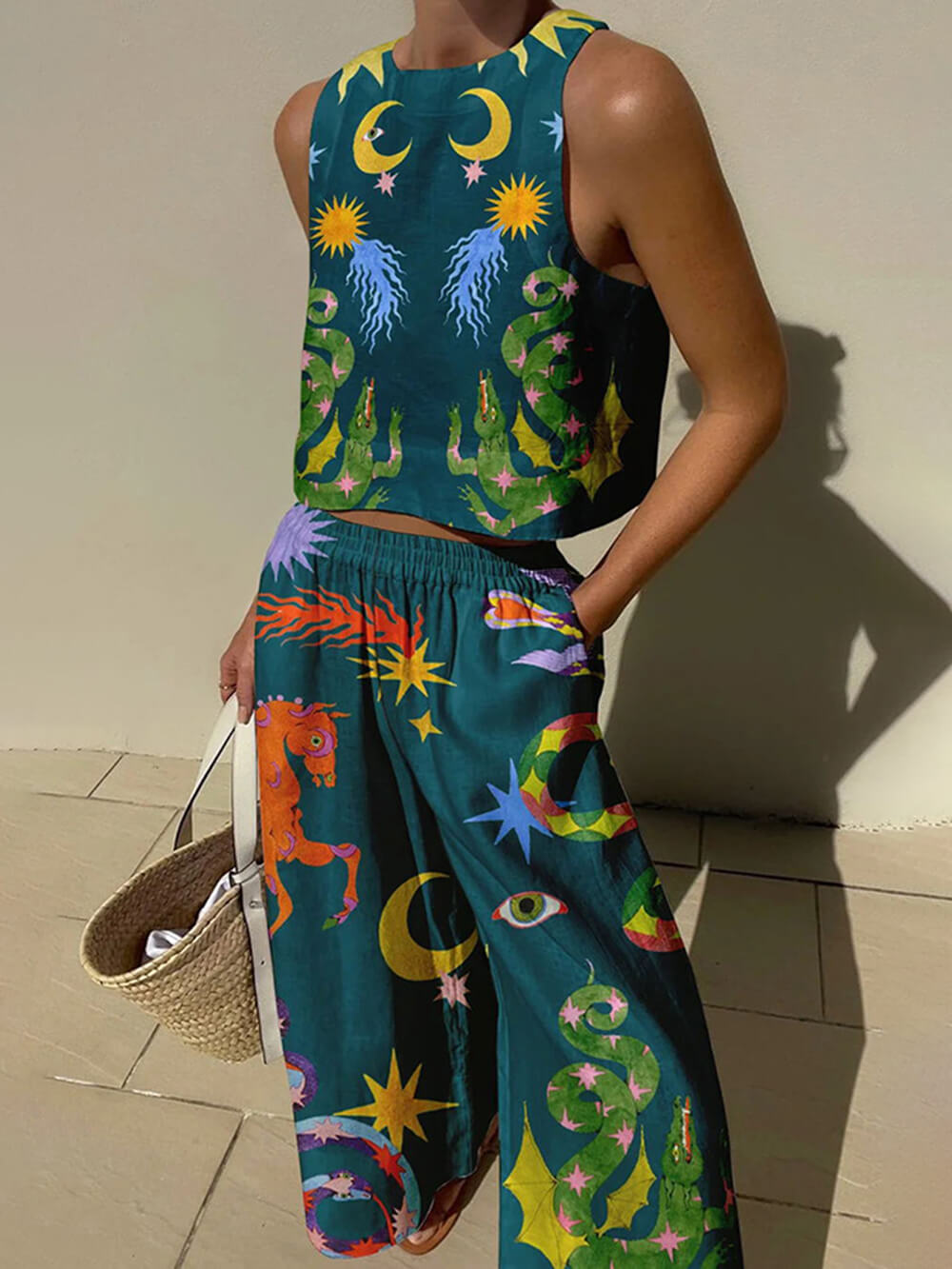 Women's Unique Print Tank Top and Elastic Waist Pocketed Pants Set - Comfortable & Stylish Outfit