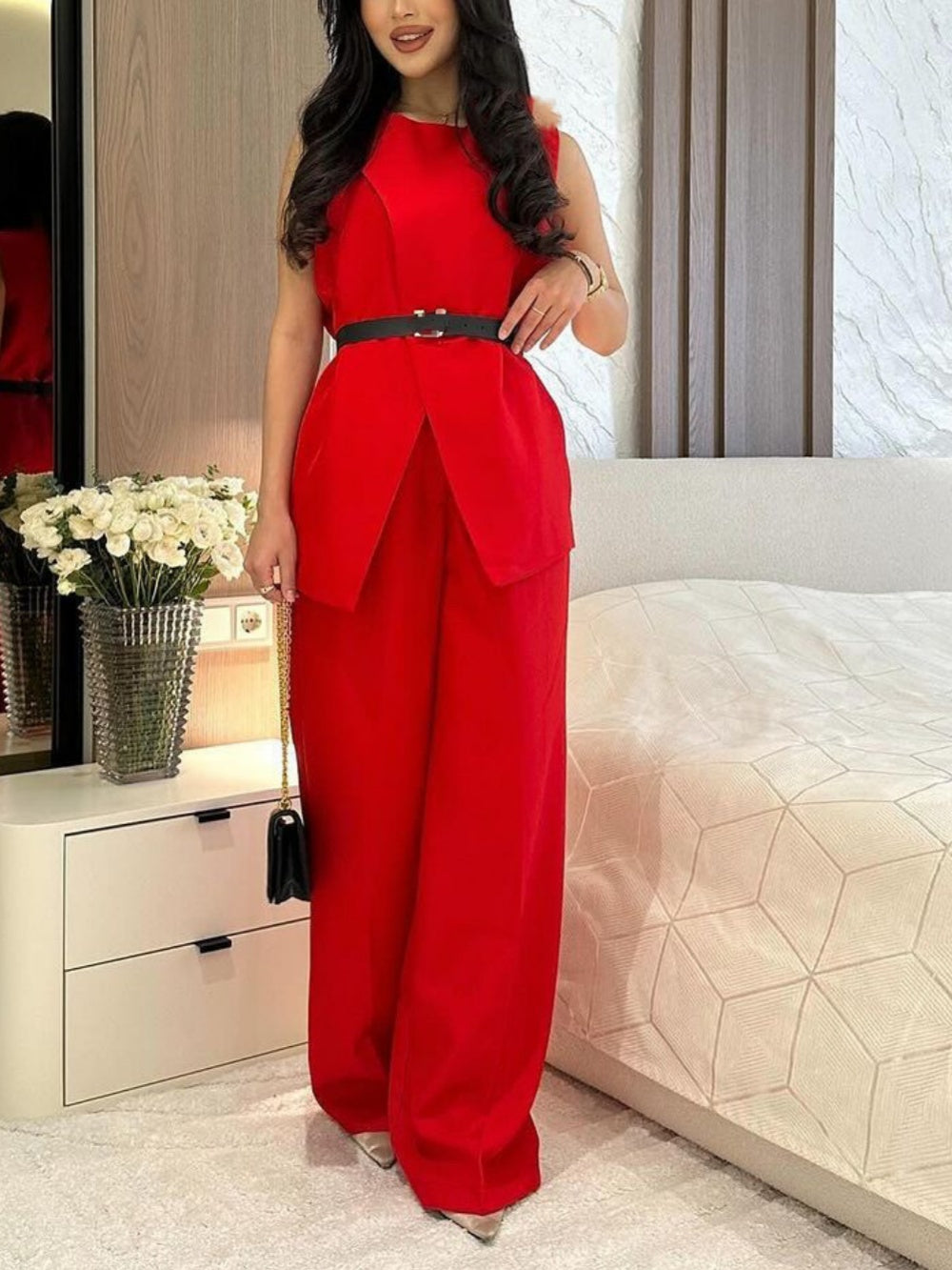 Chic Round Neck Sleeveless Top & Wide-Leg Pants Suit - Elegant Polyester Set