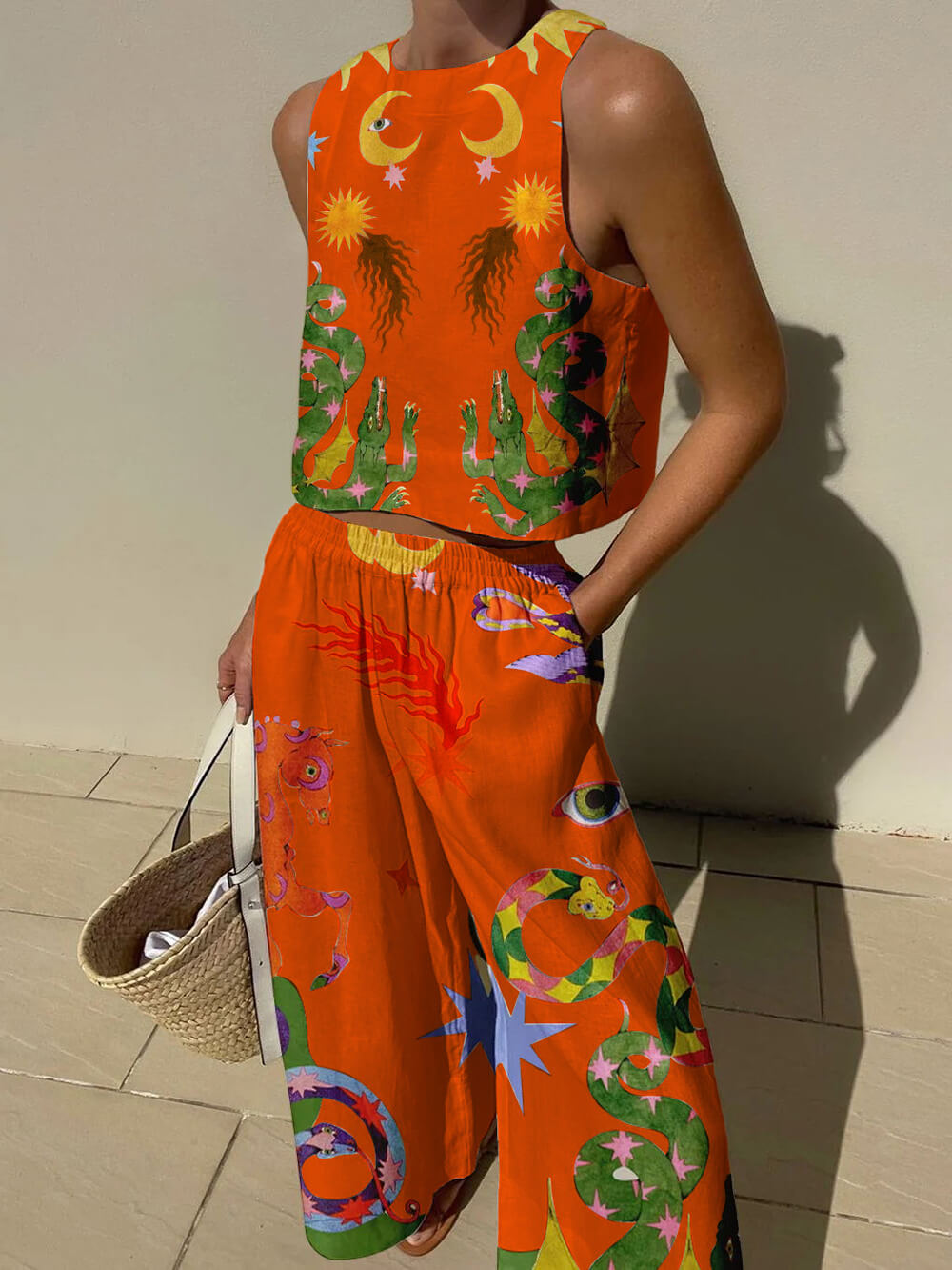 Women's Unique Print Tank Top and Elastic Waist Pocketed Pants Set - Comfortable & Stylish Outfit