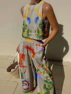 Women's Unique Print Tank Top and Elastic Waist Pocketed Pants Set - Comfortable & Stylish Outfit