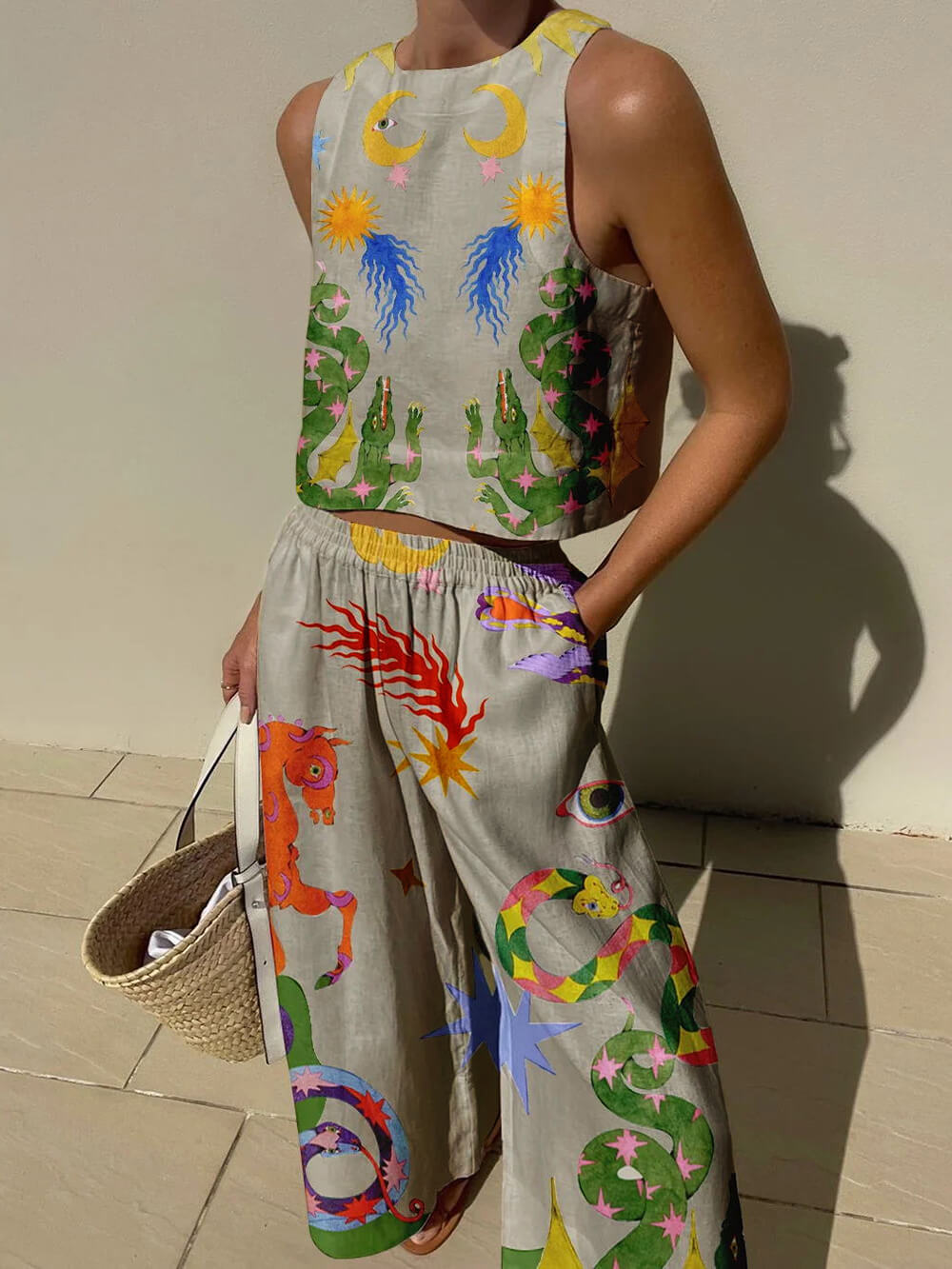 Women's Unique Print Tank Top and Elastic Waist Pocketed Pants Set - Comfortable & Stylish Outfit