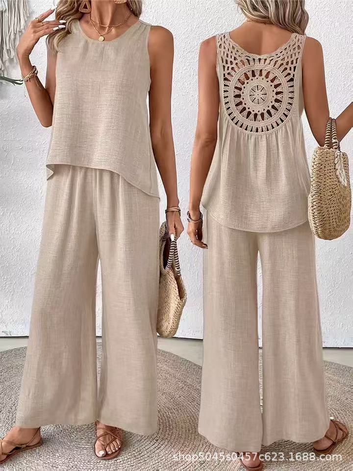 Elegant Solid Color Back Hollow Lace Set with Long Pants - Embroidered Polyester Suit