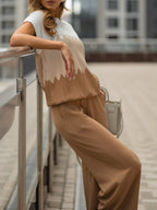 Chic Contrast Color Crew Neck Sweater & Wide Leg Pants Suit - Stylish Two-Piece Set