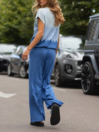 Chic Contrast Color Crew Neck Sweater & Wide Leg Pants Suit - Stylish Two-Piece Set