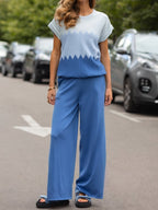 Chic Contrast Color Crew Neck Sweater & Wide Leg Pants Suit - Stylish Two-Piece Set