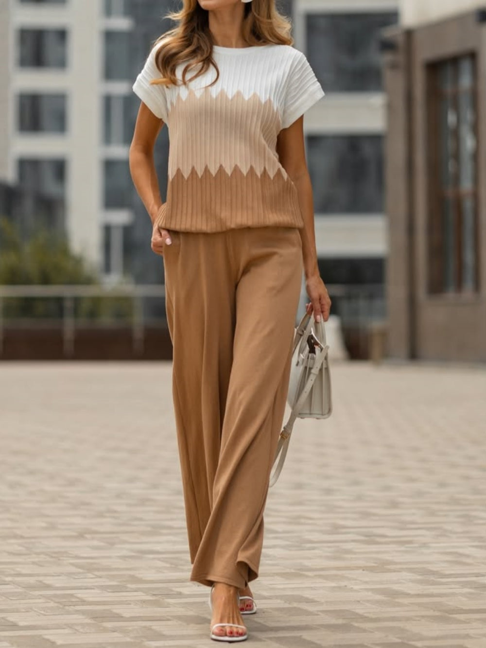 Chic Contrast Color Crew Neck Sweater & Wide Leg Pants Suit - Stylish Two-Piece Set