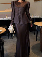 Women's Round Neck Button Puff Sleeve Skirt Suit - Elegant & Versatile Fashion Set