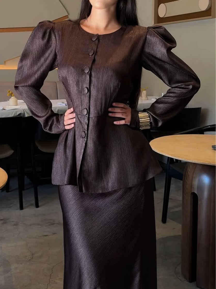 Women's Round Neck Button Puff Sleeve Skirt Suit - Elegant & Versatile Fashion Set