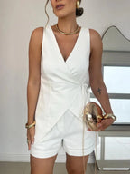 Women's Linen Sleeveless V-Neck Top and Loose Shorts Set - Comfortable & Stylish Loungewear