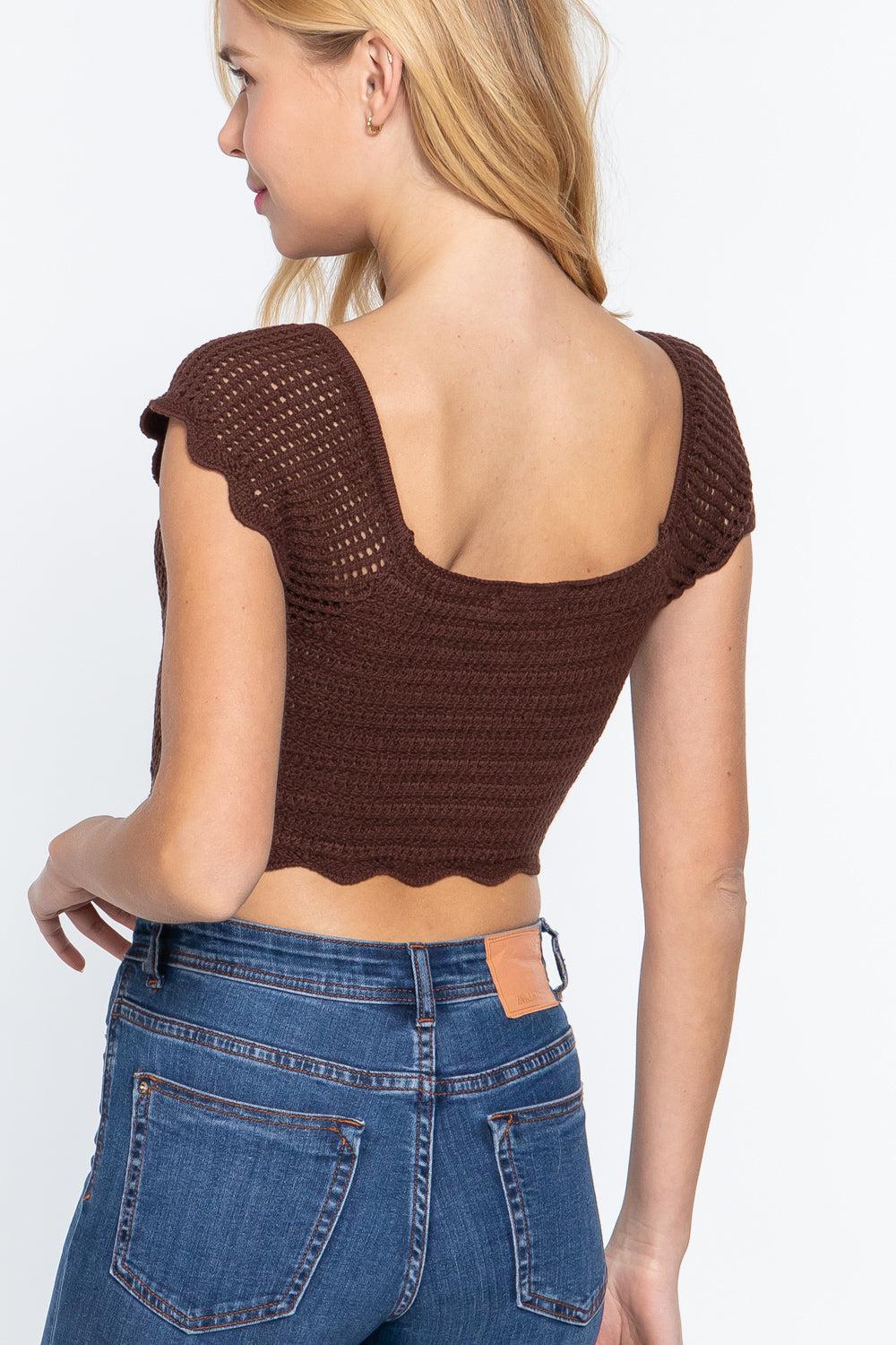 Blue Zone Planet |  Short Sleeve V-neck Front Knot Detail Sweater Knit Crop Top